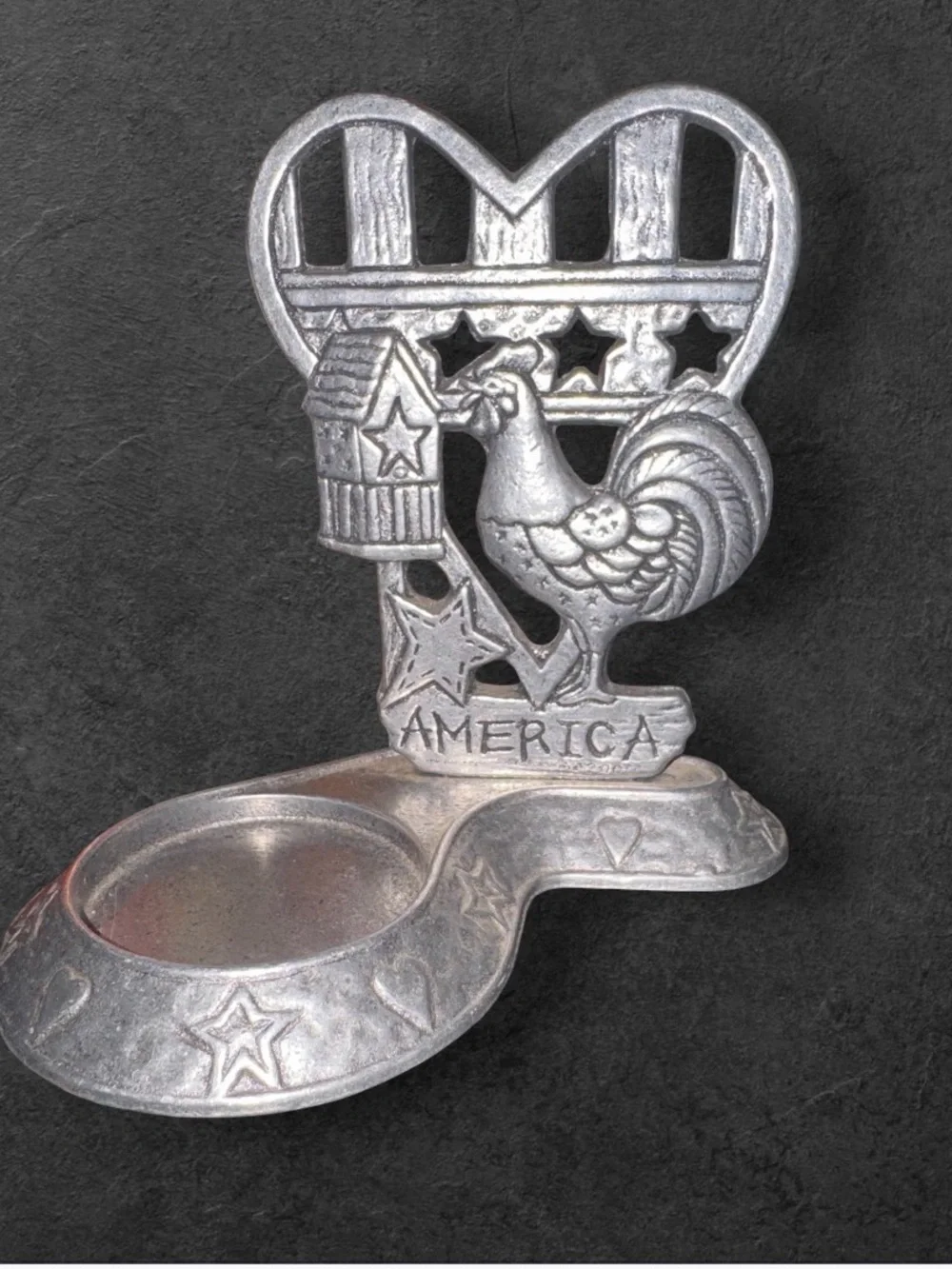 Vintage Patriotic Rooster Tealight Candle Holder - Silver Finish. 5 Inches Tall